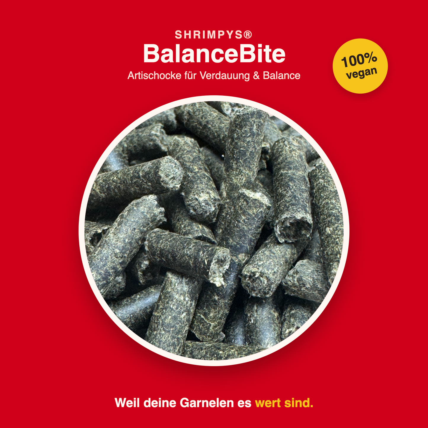 SHRIMPYS® BalanceBite Detail – Artischocken-Pellets für gesunden Verdauungstrakt, vegan | Garnelen-Pott