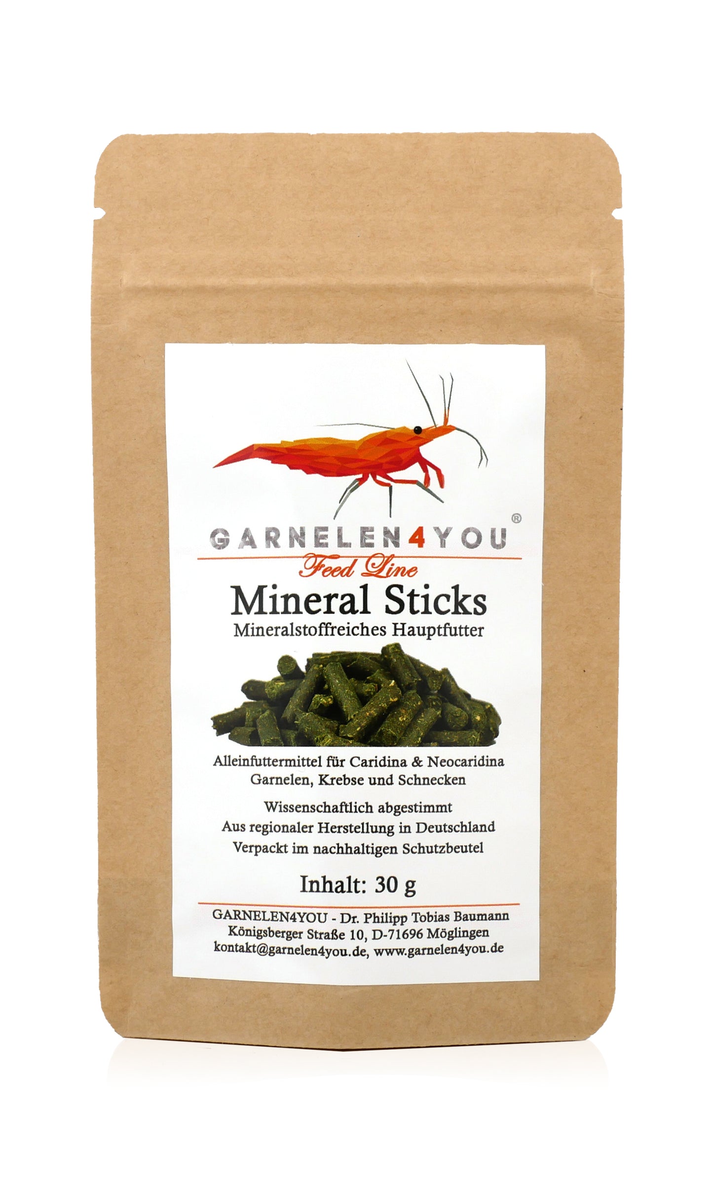 GARNELEN4YOU® Mineral Sticks | mineralstoffreiches Hauptfutter | Premium Garnelenfutter, 30g