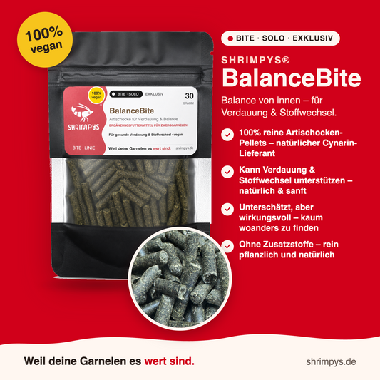 SHRIMPYS® BalanceBite 30g – 100% Artischocken-Pellets mit Cynarin für Verdauung & Stoffwechsel, Einzelfuttermittel für Zwerggarnelen | Garnelen-Pott
