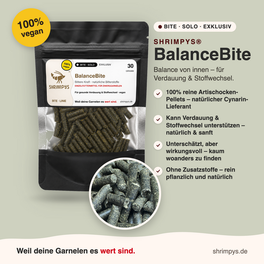 SHRIMPYS® BalanceBite 30g – 100% Artischocken-Pellets mit Cynarin für Verdauung & Stoffwechsel, Einzelfuttermittel für Zwerggarnelen | Garnelen-Pott