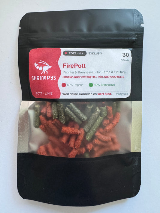 SHRIMPYS® FirePott Verpackung 30g – exklusive Pott-Rezeptur mit Paprika & Brennessel, hergestellt im Ruhrpott | Garnelen-Pott