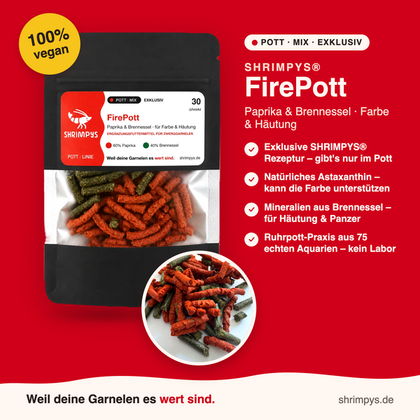 SHRIMPYS® FirePott Verpackung 30g – exklusive Pott-Rezeptur mit Paprika & Brennessel, hergestellt im Ruhrpott | Garnelen-Pott