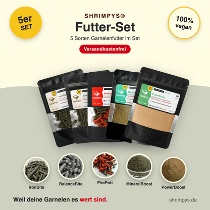 SHRIMPYS® Futter-Set mit fünf Sorten Garnelenfutter – IronBite, BalanceBite, FirePott, MineralBoost und PowerBoost, je 30 g, aus deutscher Nachzucht – Garnelen-Pott.de Essen