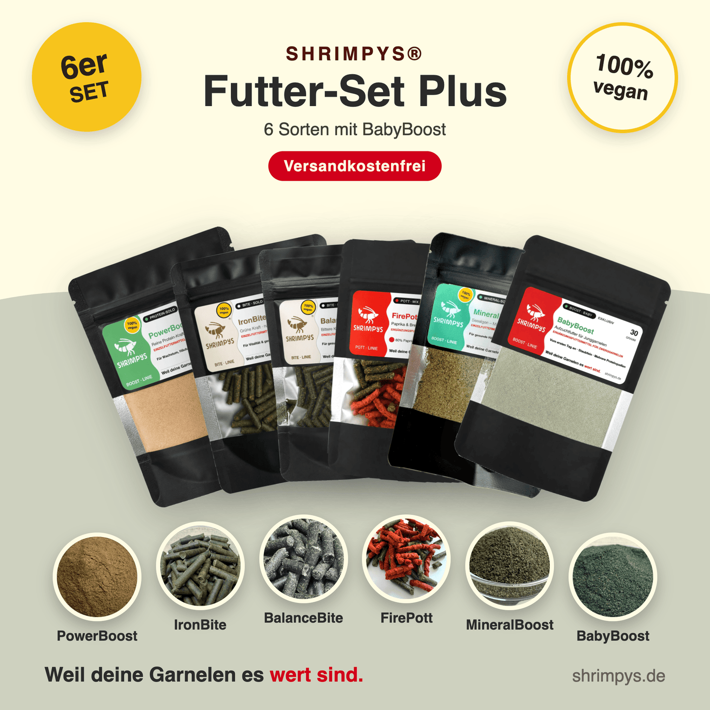 SHRIMPYS® Futter-Set Plus mit sechs Sorten Garnelenfutter – PowerBoost, IronBite, BalanceBite, FirePott, MineralBoost und BabyBoost, je 30 g, aus deutscher Nachzucht – Garnelen-Pott.de Essen