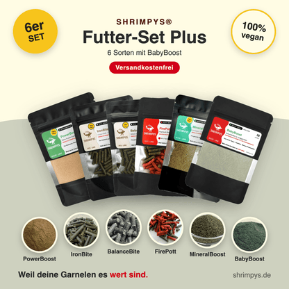 SHRIMPYS® Futter-Set Plus mit sechs Sorten Garnelenfutter – PowerBoost, IronBite, BalanceBite, FirePott, MineralBoost und BabyBoost, je 30 g, aus deutscher Nachzucht – Garnelen-Pott.de Essen