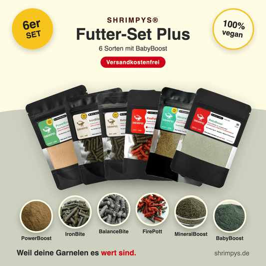 SHRIMPYS® Futter-Set Plus mit sechs Sorten Garnelenfutter – PowerBoost, IronBite, BalanceBite, FirePott, MineralBoost und BabyBoost, je 30 g, aus deutscher Nachzucht – Garnelen-Pott.de Essen
