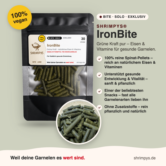 SHRIMPYS® IronBite 30g – 100% Spinat-Pellets für Vitamine & Eisen, Einzelfuttermittel für Zwerggarnelen | Garnelen-Pott
