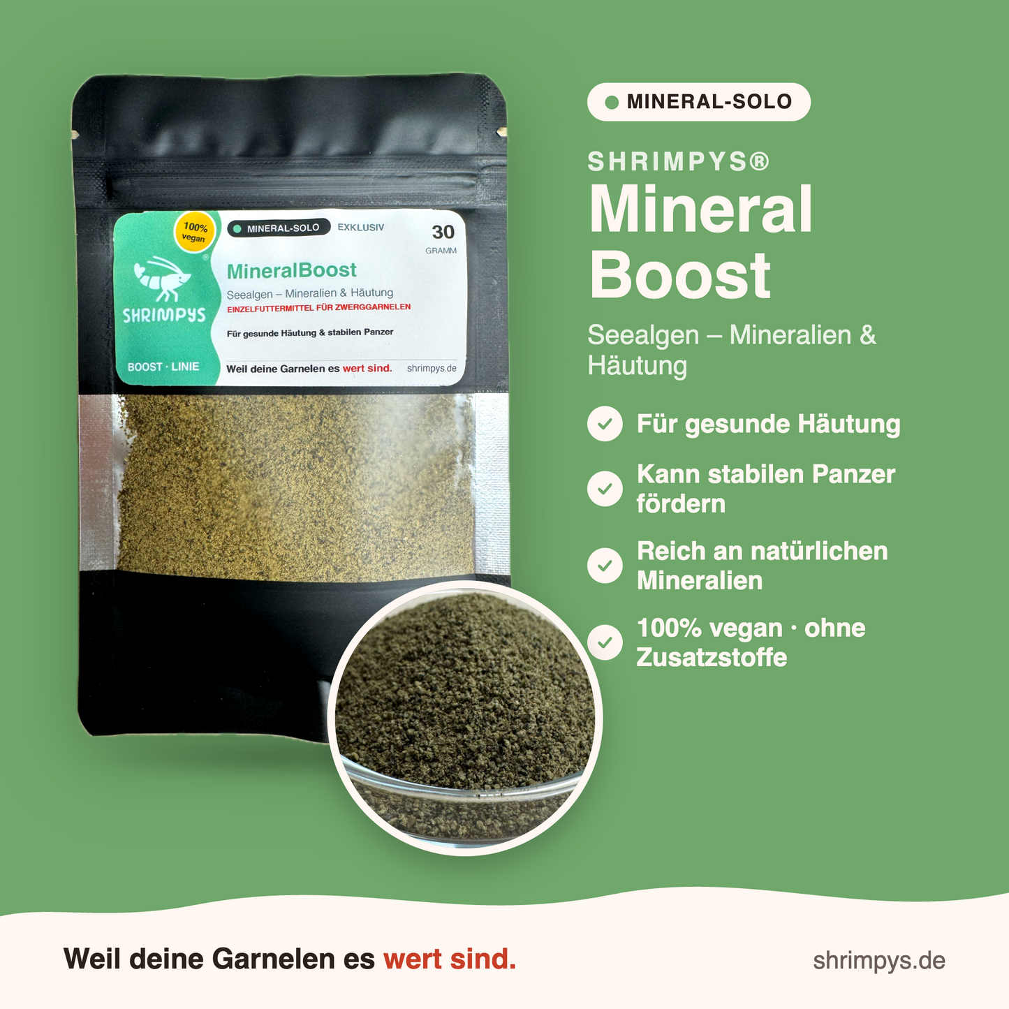 SHRIMPYS® MineralBoost 30g – 100% Seealgenmehl für gesunde Häutung und stabilen Panzer, Einzelfuttermittel für Zwerggarnelen | Garnelen-Pott