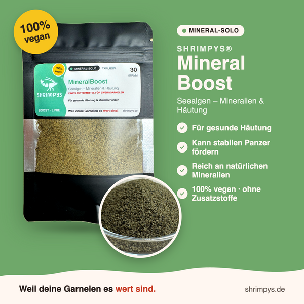 SHRIMPYS® MineralBoost 30g – 100% Seealgenmehl für gesunde Häutung und stabilen Panzer, Einzelfuttermittel für Zwerggarnelen | Garnelen-Pott
