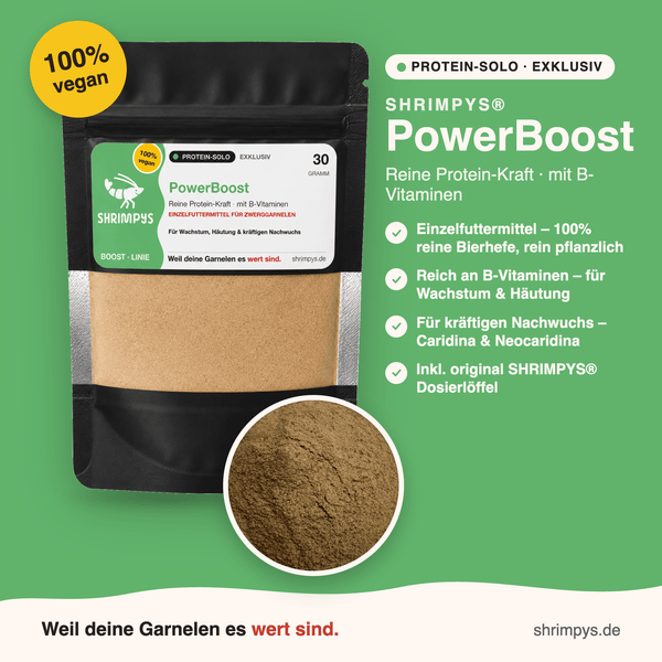 SHRIMPYS® PowerBoost 30g – 100% Bierhefe für Protein & B-Vitamine, Einzelfuttermittel für Zwerggarnelen | Garnelen-Pott